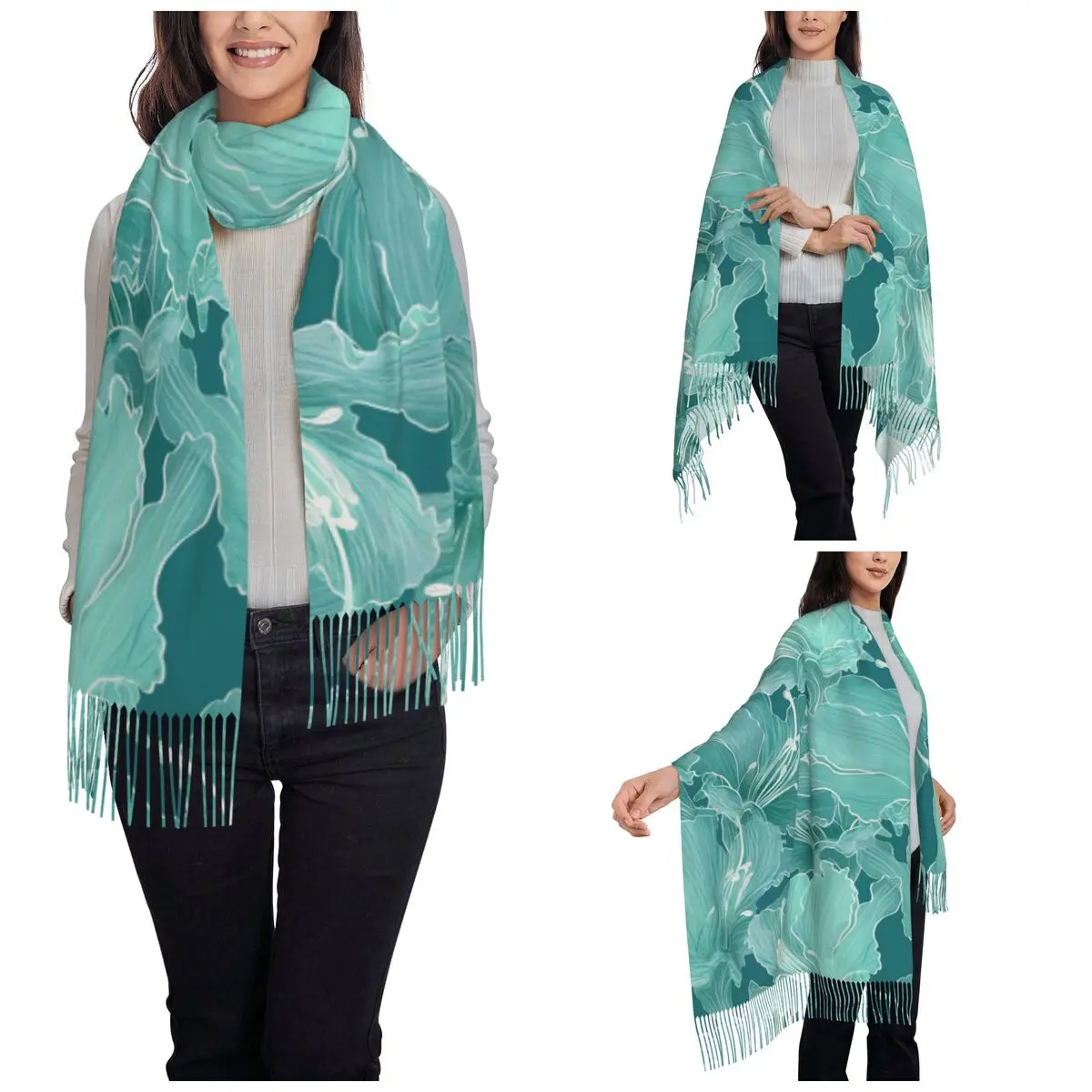 Turquoise Flowers Shawl Wrap Womens Winter Large Long Scarf Teal Floral Aesthetic Neckerchief Tassel Scarves