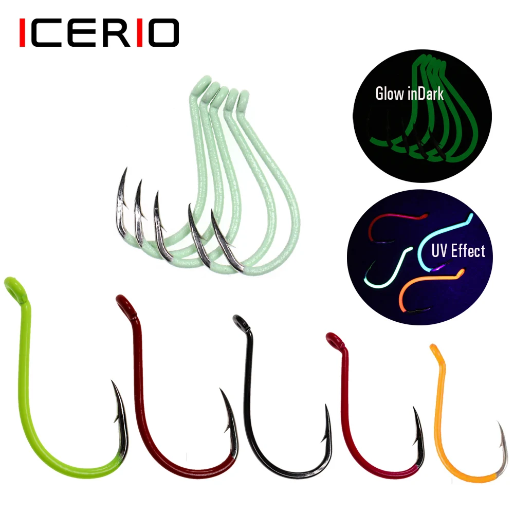 ICERIO High Carbon Steel Fishing Hooks Luminous or UV  Fluo Offset Octopus Beak Hook Saltwater Fishhook Accessories #10-#10/0