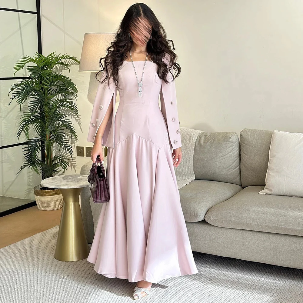 Customized Pink Elegant Crystal Flare Sleeves Evening Dress A-Line Jersey Square Neck Long Sleeves Ankle Length Party Gowns 2024