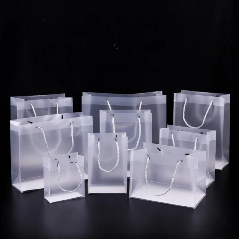 10/30pcs Custom PVC Transparent Gift Bag with Handles Clear Tote PP Frosted Plastic Shopping Tote Bag Clothing Drinks Packaging