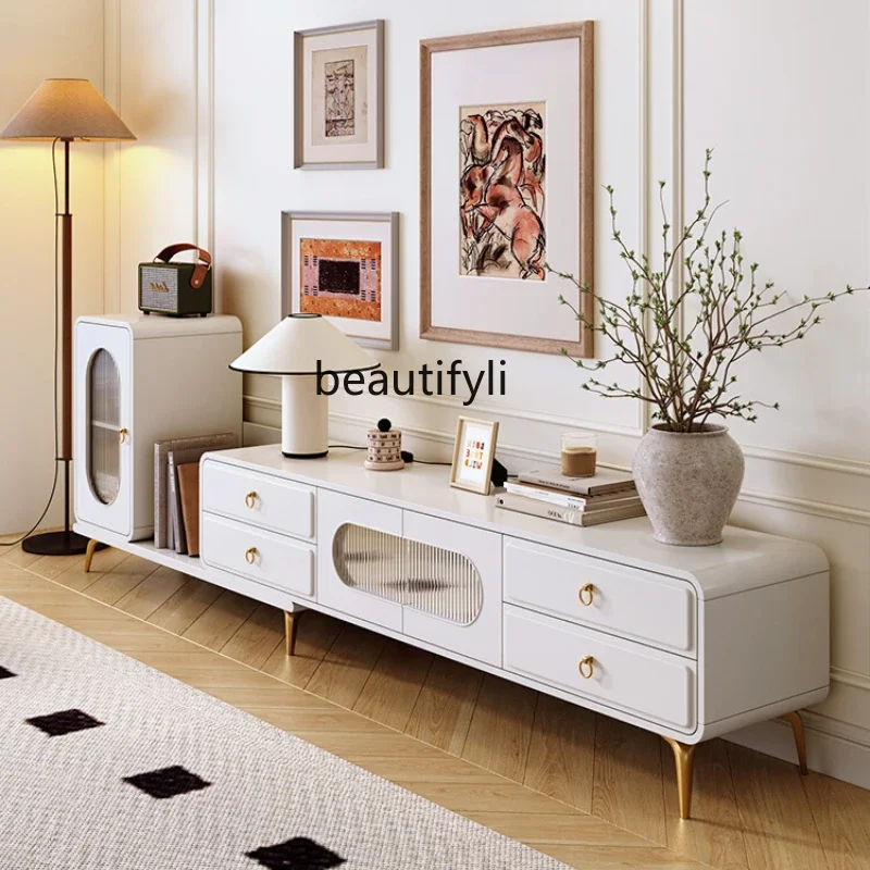 

P French TV cabinet Storage locker Integrated cream wind solid wood against the wall Light luxury TV cabinet