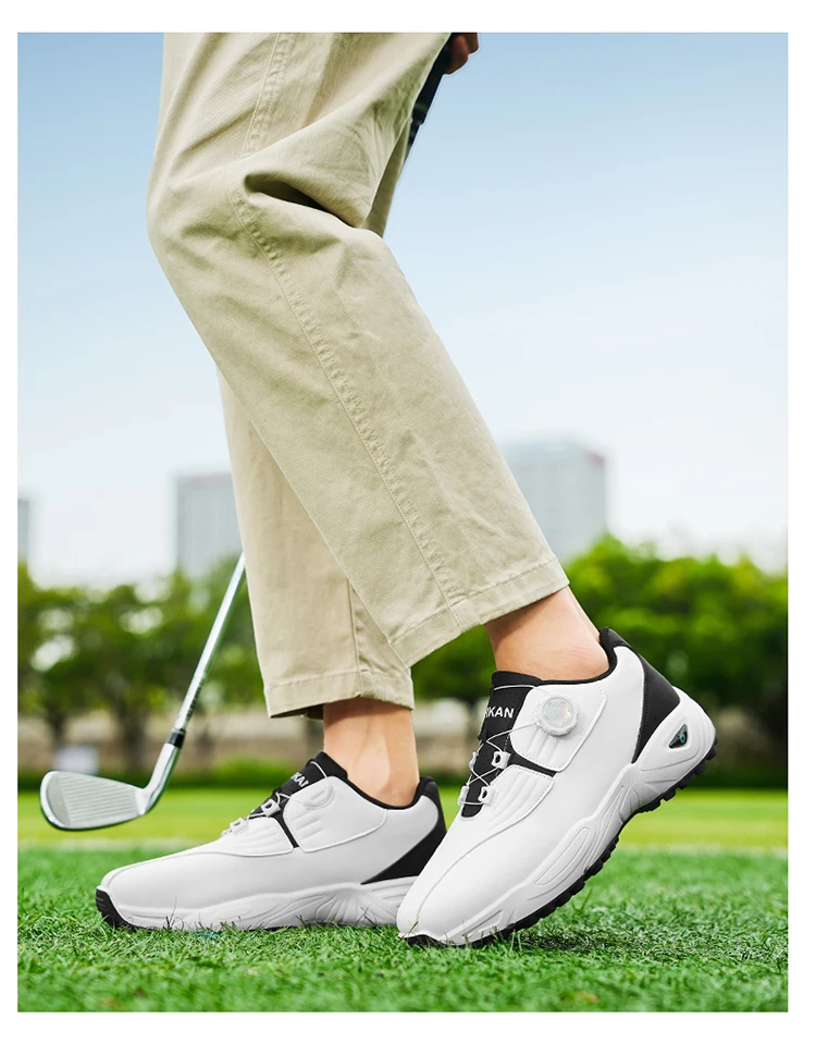 Herren Golfschuhe mit Drehverschluss und Spikes, Wasserdichtes Leder, Rutschfeste Outdoor-Sportschuhe in Weiß, Schwarz und Rot – Detail 8