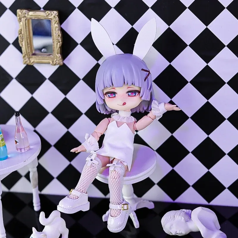 OB11 Doll Bunny Ear Outfit Set Faux Leather Jumpsuit Mesh Socks Lace Cuffs Handmade Costume 11cm BJD Doll Dress Up Accessories