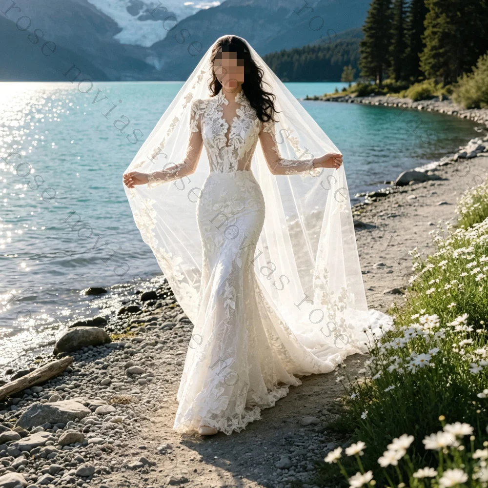 Customized Dignified High Neck Slim Fit Mermaid Bride Gown Lace Flower Decal Long Sleeved Wedding Dress Suitable for Parties