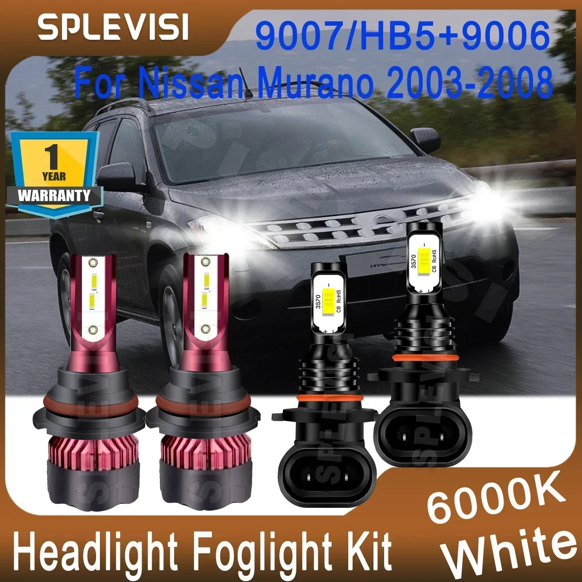 

4x 9007/HB5 9006 LED Headlight High Low Beam Foglight Bright White For Nissan Murano 2003 2004 2005 2006 2007 2008