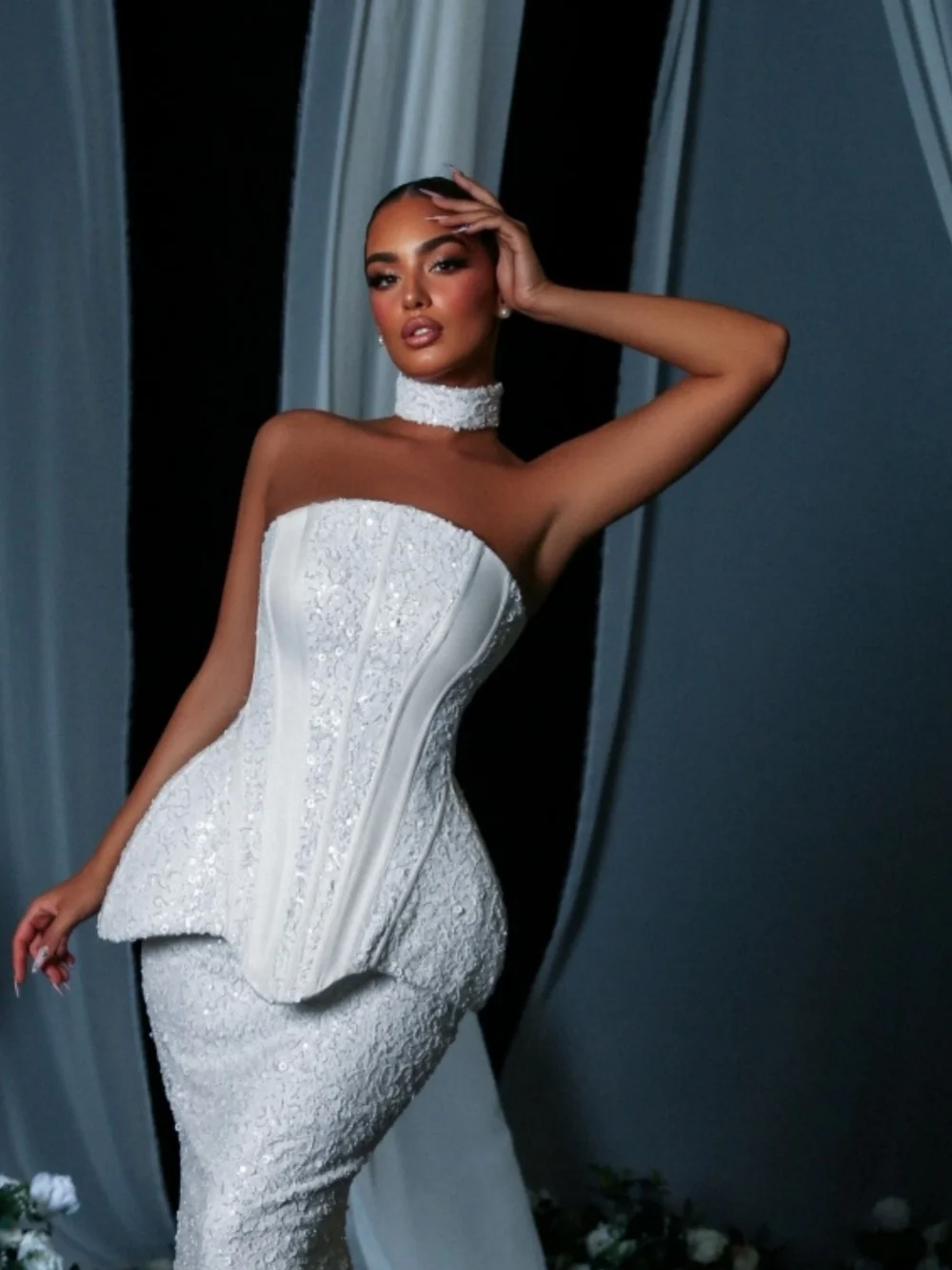 DTLumika Glamorous Strapless Peplum Sequin Mermaid Wedding Dress 2027 Corset Fitted Bridal Gown Vestidos De Novia Customized
