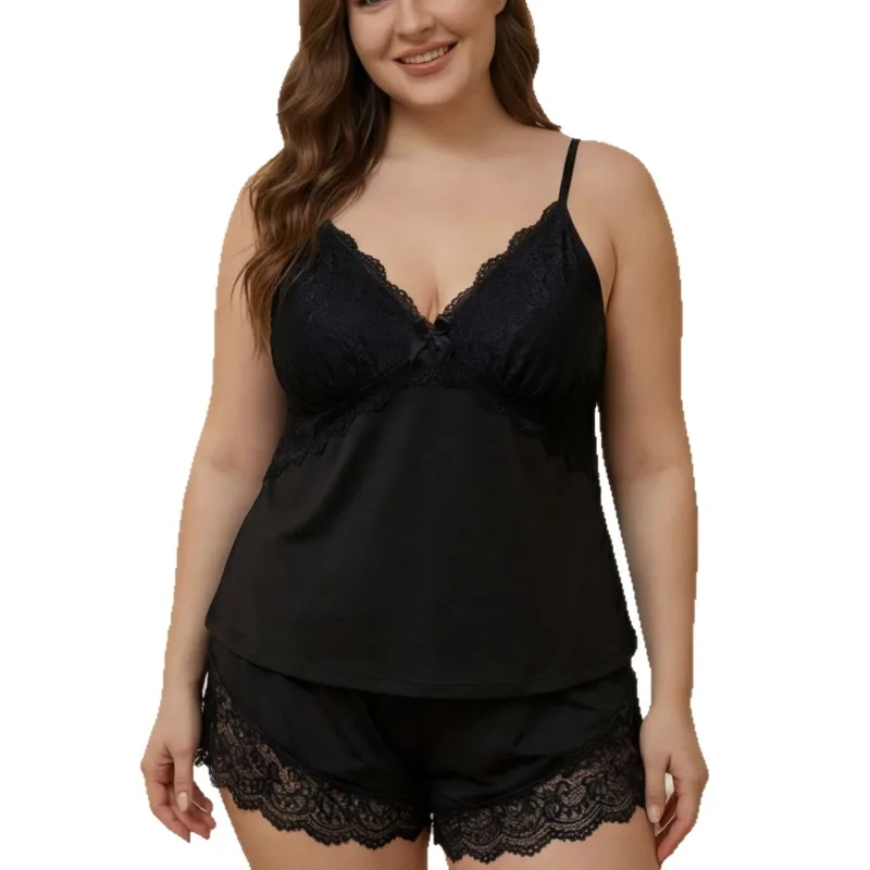 Plus Size Women Satin Pajamas Set Sexy Lace Trim Deep V Camisole Shorts Silky Comfort Sleepwear Nightwear Loungewear Summer PJs