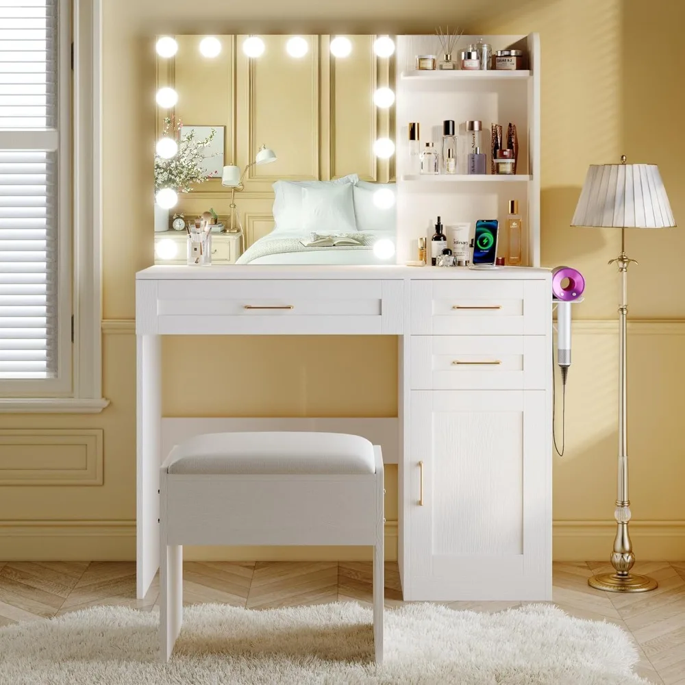 

Vanity Desk with Mirror and Lights, 37" Vanity Desk with Bulbs & Power Outlet, 3 Colors Lighting Adjustable Brightness