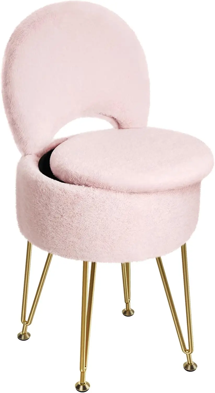 

Pink Faux Fur Vanity Stool with Storage & Foldable Backrest, 13x13x17.7 Inch Ottoman for Makeup Bedroom