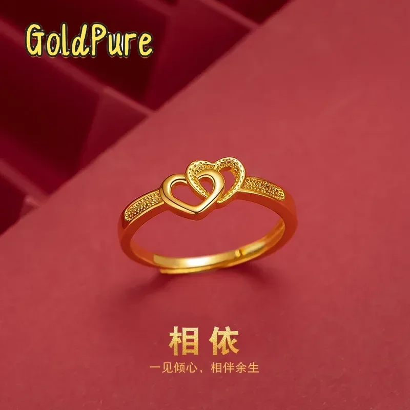 

Кольцо Goldpure Double Heart для женщин, 9999 пробы, 24K, из настоящего золота, в японском и корейском стиле, регулируемое, кольцо любви, обручальное кольцо