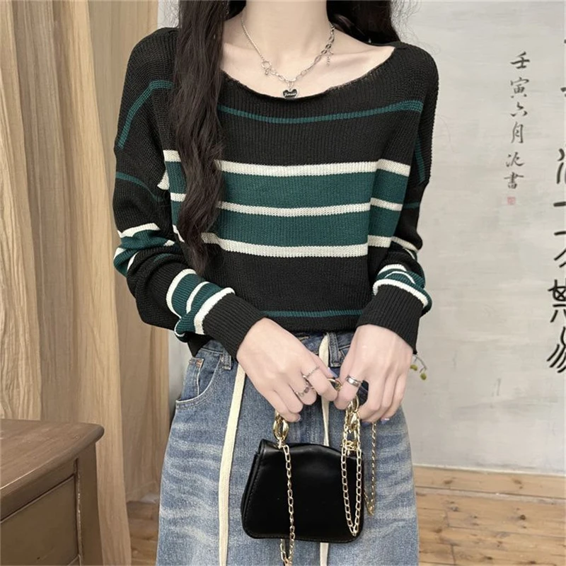 Women Trendy Striped Patchwork Chic Kawaii Knitted Sweaters Y2K Female Casual Streetwear Long Sleeve Loose Pullover Tops Jumpers