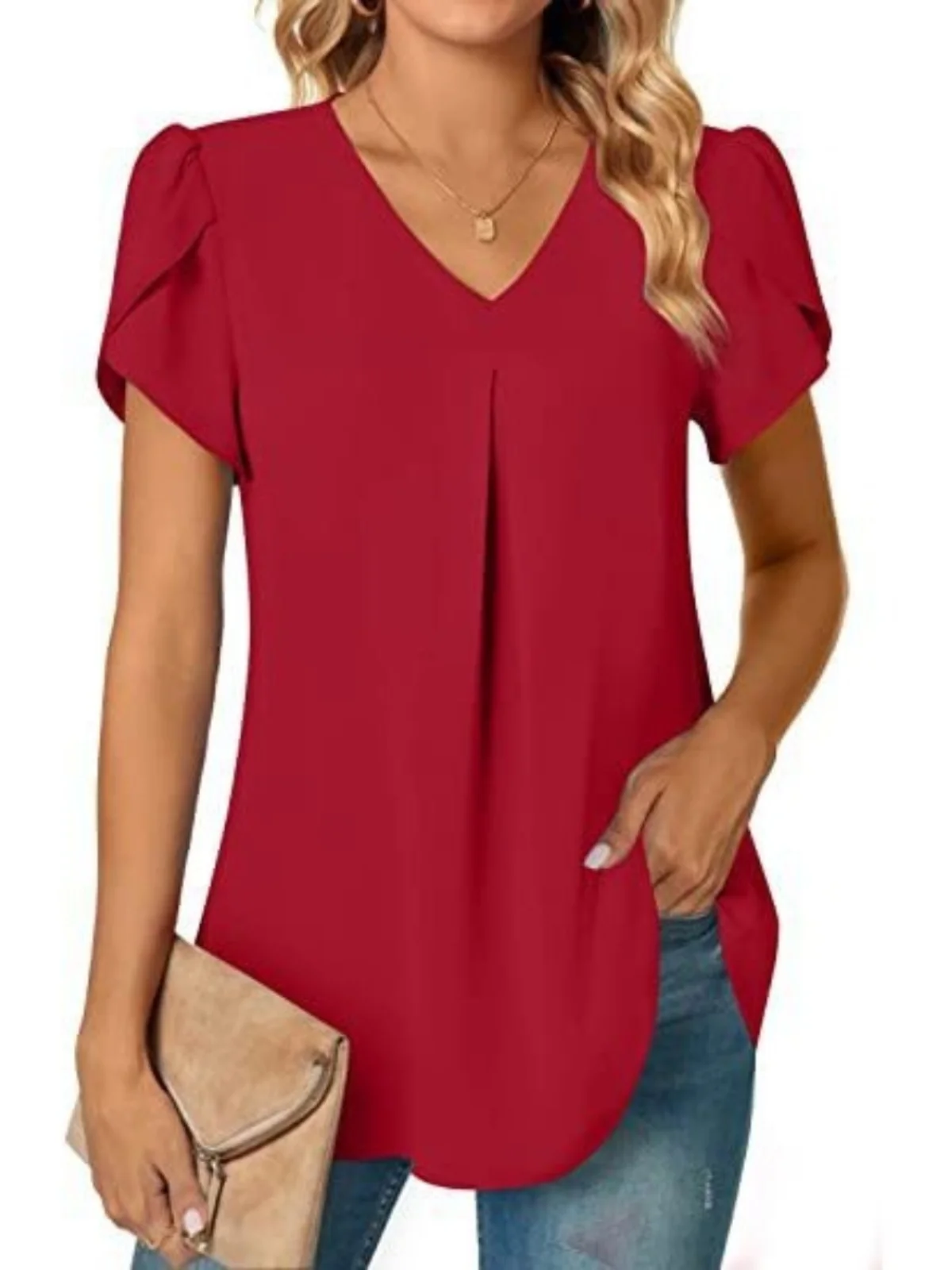 

Casual Summer Women's irt V-ne Printed Slim Fit ort Sve Polyester Fabric Cute Sle Pure Color Floral Print Top
