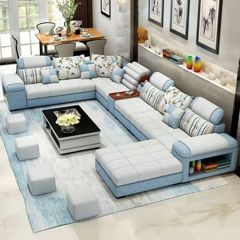 ……&2026 Latest Design 7 Seats Large Size L U Shaped Corner Sofa With Usb Side Table With Bookshelf Speak Couch