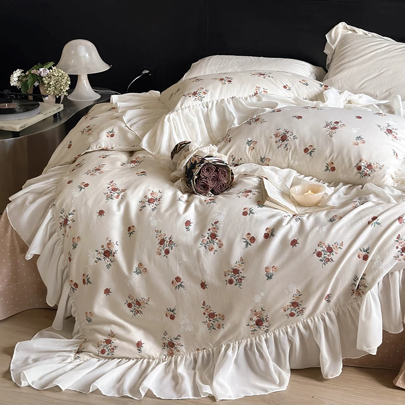 

Chiffon Lace Princess Bedding Set Luxury 100% Cotton Flowers Printing Ruffles Duvet Cover Bed Sheet Pillowcases Home Textile
