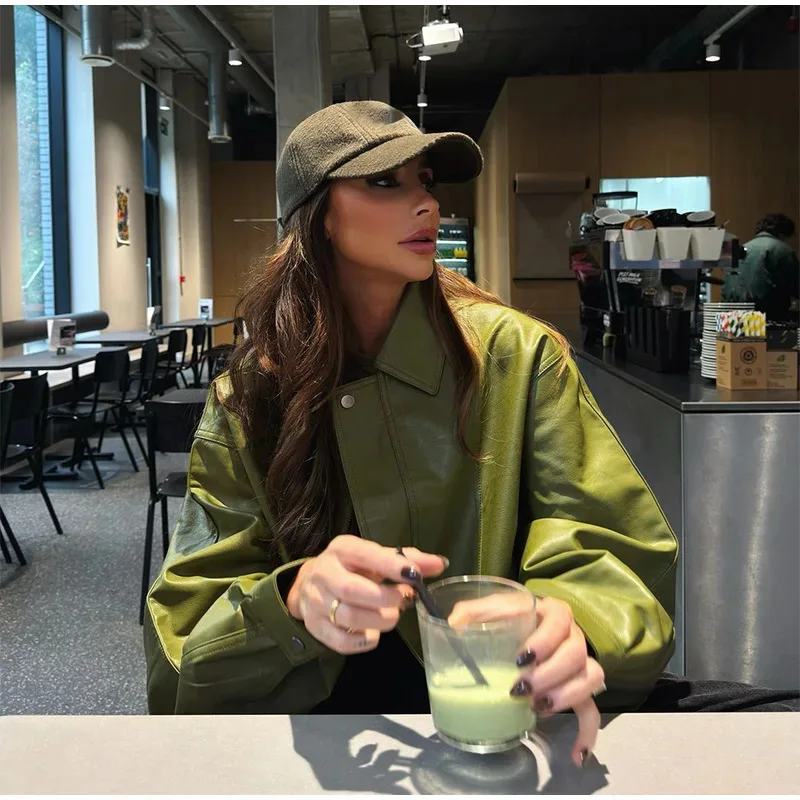 Veste en cuir PU vert Vintage pour femme, manteau court à revers, manches longues, bouton de fermeture éclair, mode automne 2025, nouveaux vêtements d'extérieur de rue