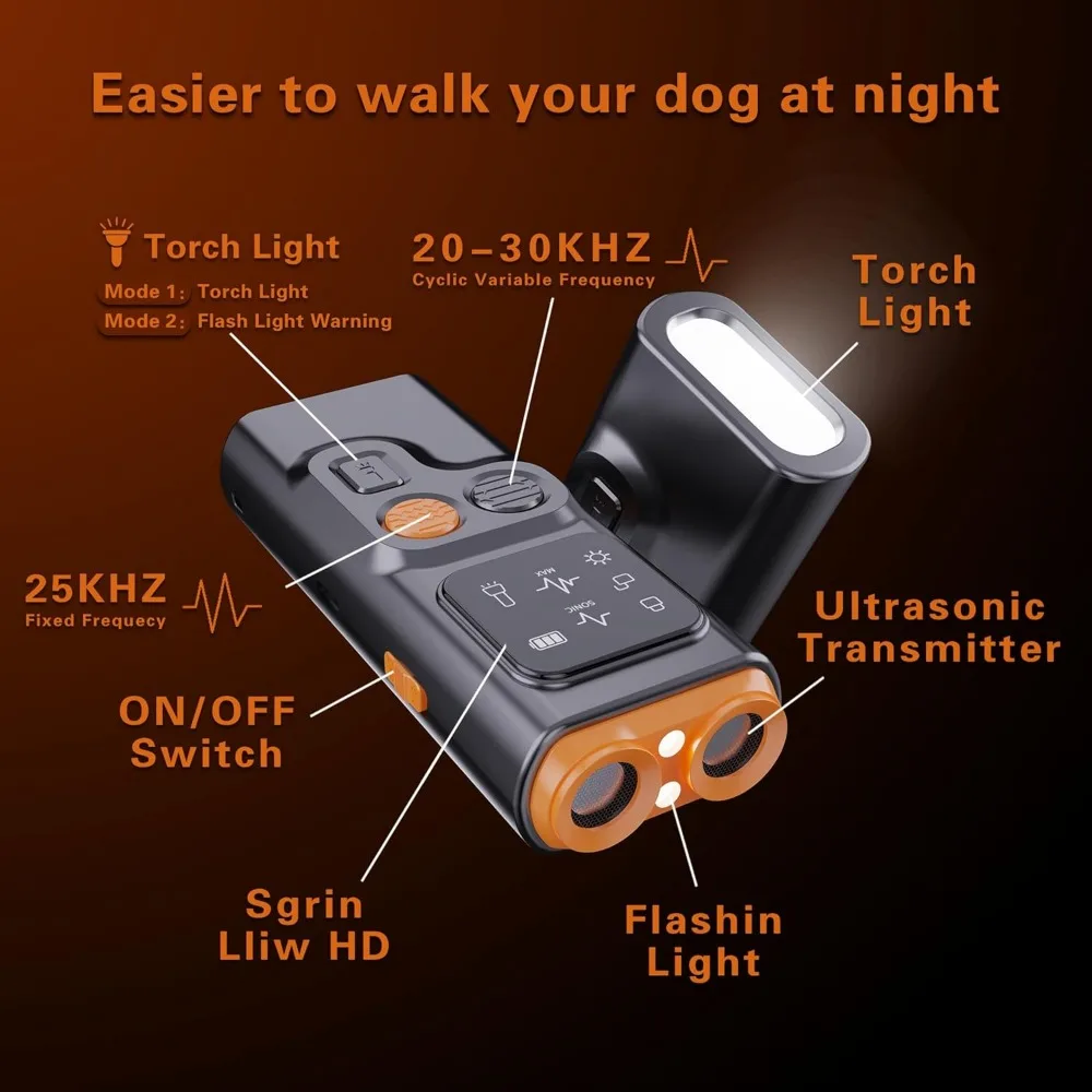 Anti Barking Device for Dogs Indoor Outside Handheld Ultrasonic 32Ft with Flashlight Dog Training Tool Rechargeable Dark Orange