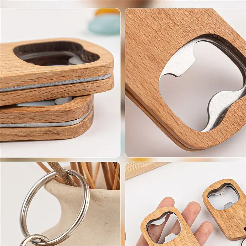 ABJN-20Pcs Wood Bottle Opener Wooden Keychain Bottle Openers Blanks Wood Engraving Key Chains Key Tag For DIY Crafts