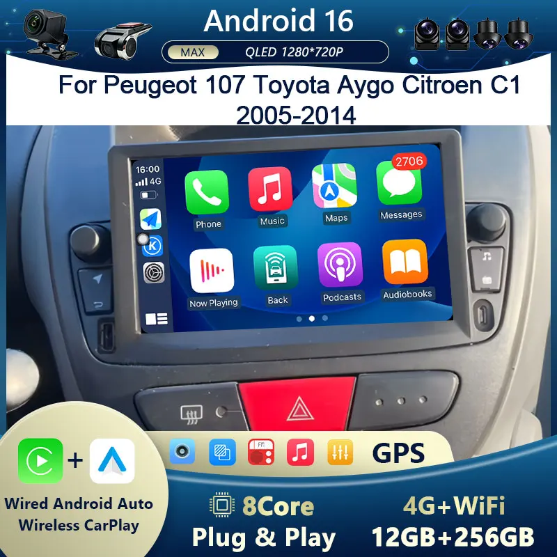 For Peugeot 107 Toyota Aygo Citroen C1 2005 - 2014 Android Auto Car Radio Mutimedia Player GPS Navigation Bluetooth 4G DSP WFi