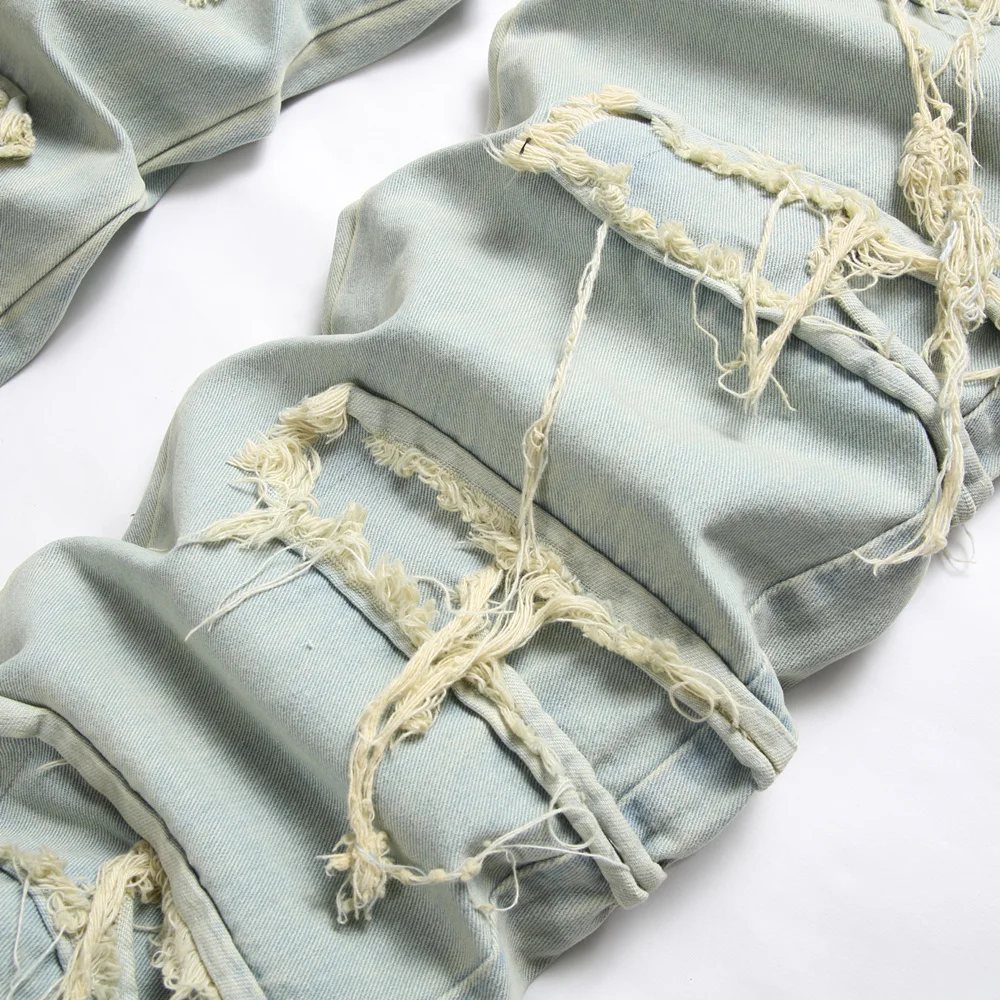 남성용 세련된 찢어진 패치 스플라이싱 오토바이 바이커 청바지 바지, 레트로 스타일, 좋은 품질, 남성 루즈 스트레이트 데님 바지