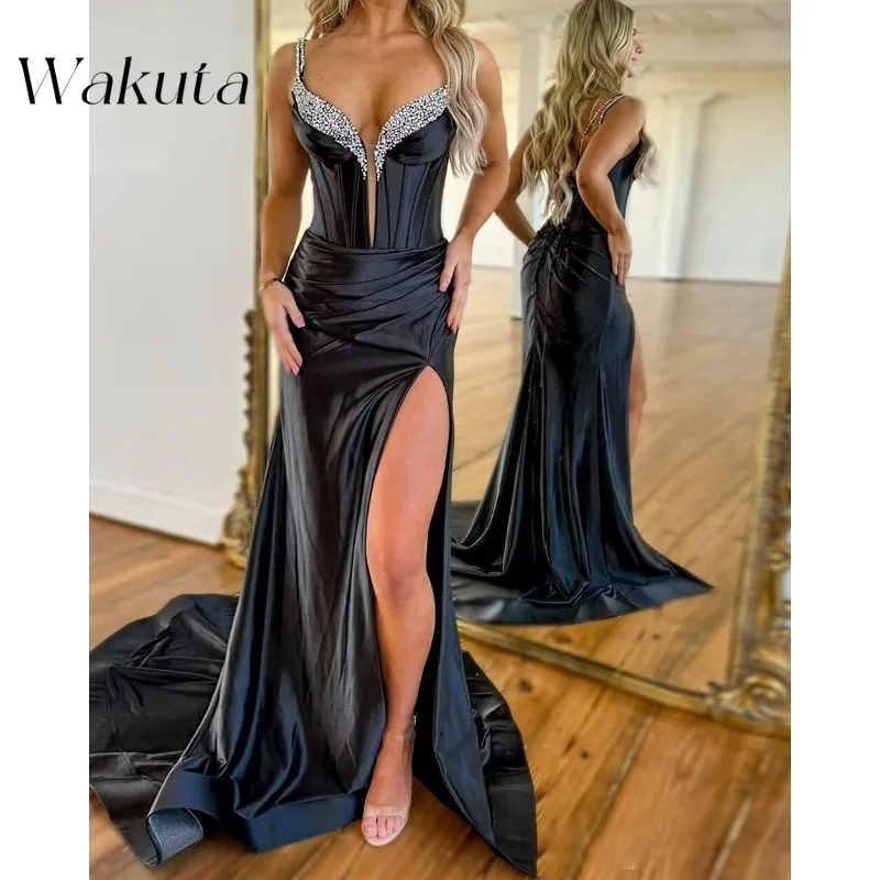 Wakuta Sparkly Sequin Memaid Beaded Satin Prom Dress Spaghetti Straps Slit Formal Gown V Neck Ruched Evening Vestidos De Fiesta