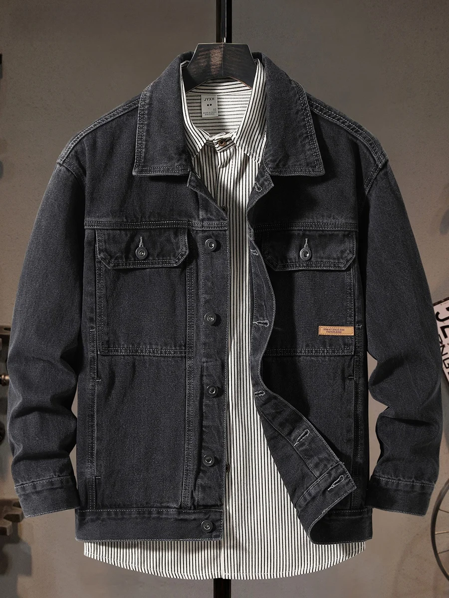 

Повседневная черная джинсовая куртка для мужчин, рабочая одежда с множеством карманов, длинный рукав, весна-осень, молодежная, универсальная, модная, уличная одежда