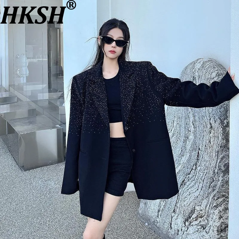 

HKSH Spring Autumn New Women's Blazer Notched Collar Single Breasted Studded Diamonds Pockets High-End Elegant Chic Coat HK15139