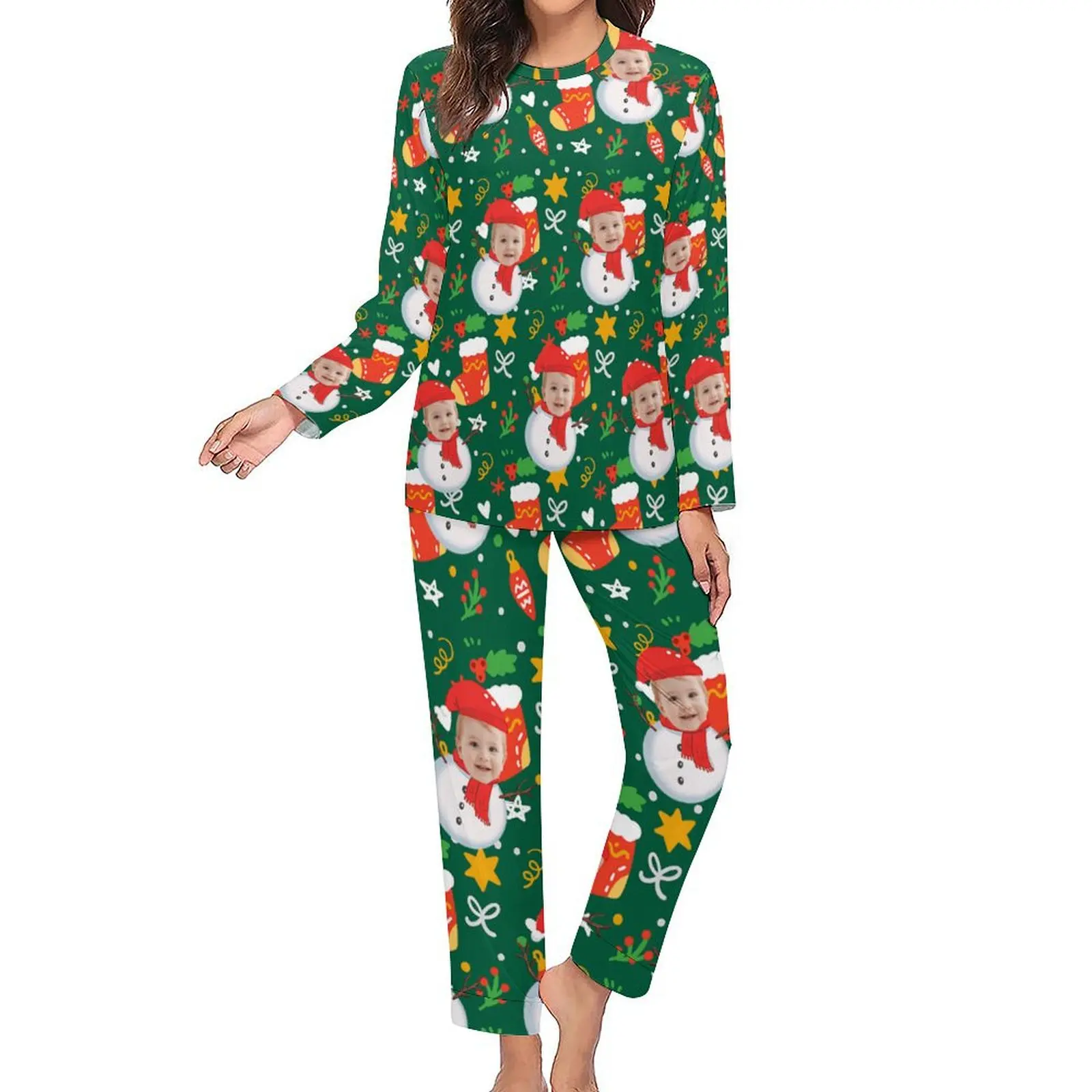 Benutzerdefinierte Damen-Pyjamas mit Gesicht, Homewear, individuelles Damen-Langarm-Pyjama-Set, personalisierter Pyjama mit Gesicht, individuelle Weihnachten