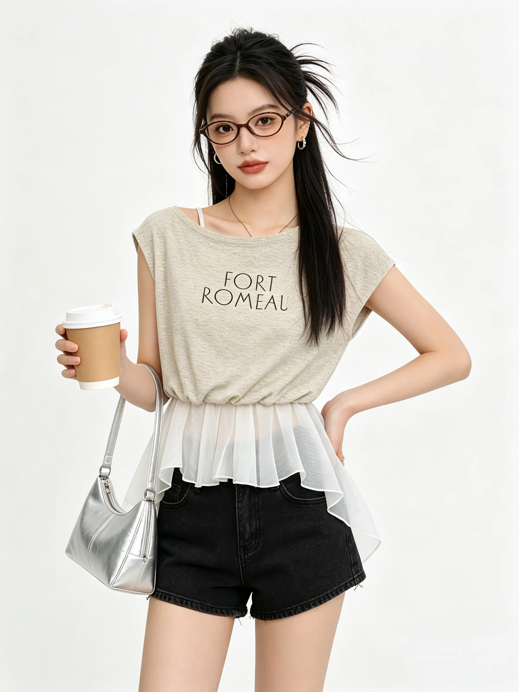 

Skin-friendly Pleated Waist Slimming Printed T-shirt Summer Irregular Print Short Sleeve Korean Style Casual Women's Top