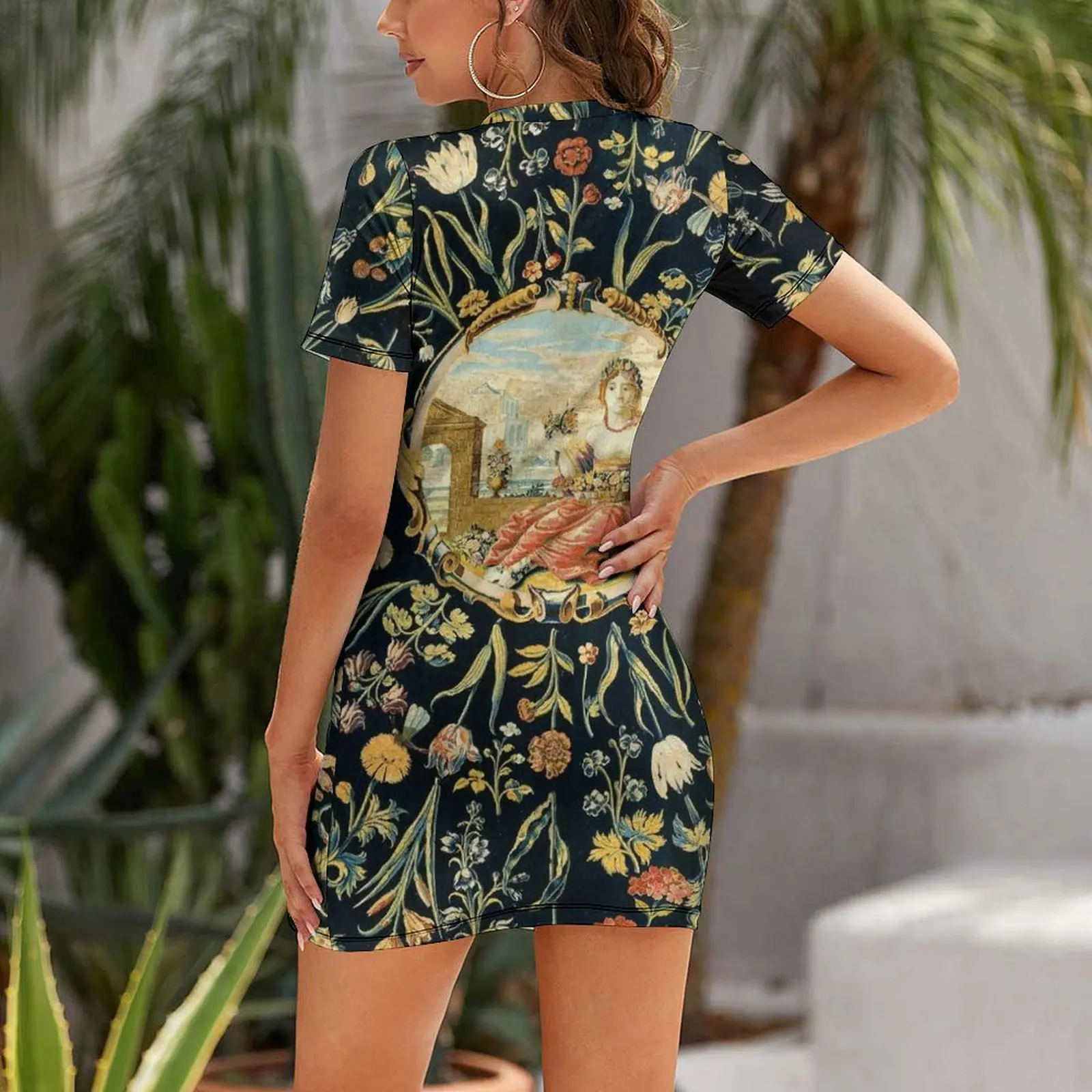 LADY FLORA AMONG FLOWERS Antique Floral Tapestry Short Sleeved Dress party dresses woman festival outfit women Summer skirt