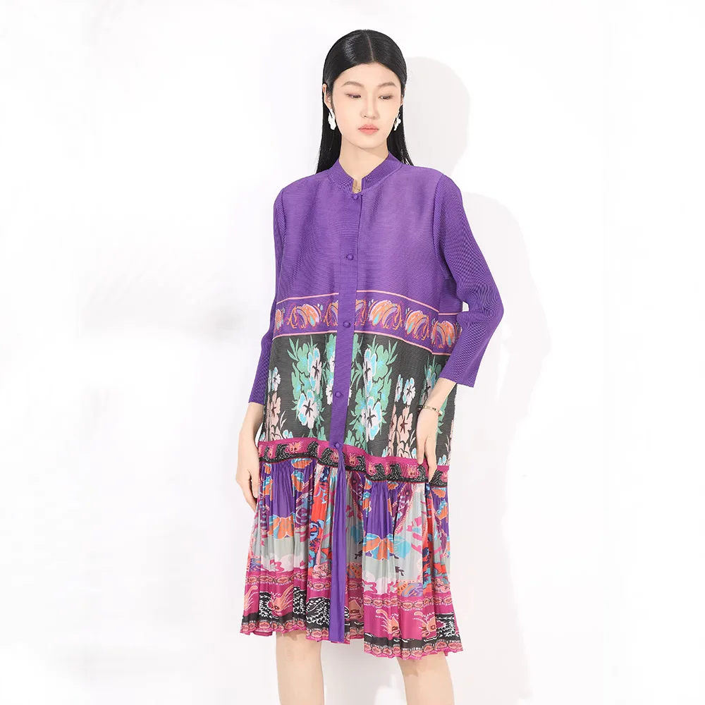 2025 ฤดูร้อน Retro ดอกไม้พิมพ์สบายๆกว้าง Pine STAND COLLAR SINGLE Breasted เกาหลีค็อกเทลผู้หญิง Elegant Dress