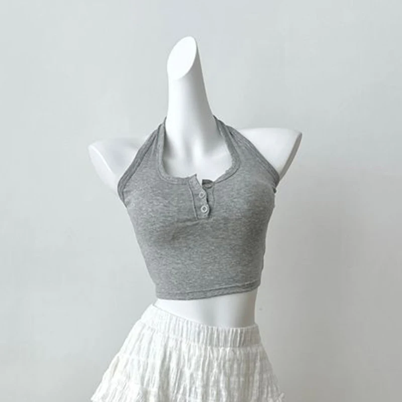 Pittige Meisjes Gebreide Halter Hemdje Vrouwen Sexy Backless Skinny Slim Crop Bottom Tops Koreaanse Eenvoudige Knop met Pad Workout Vest