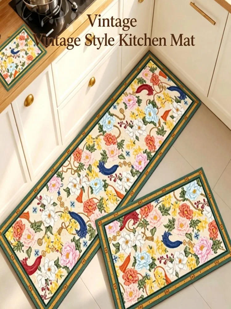 NEW Vintage Floral Kitchen Rug Set 3PCS Non-Slip Oil-Proof Waterproof Floor Mats for Kitchen Decor