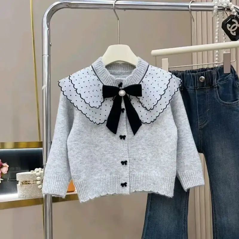 Children Girls Clothes Sets Kids Girl Cardigan Bow Sweater and Denim Jeans Pants Clothes Suit for Teen Girls Sweet Outfits 2-15Y