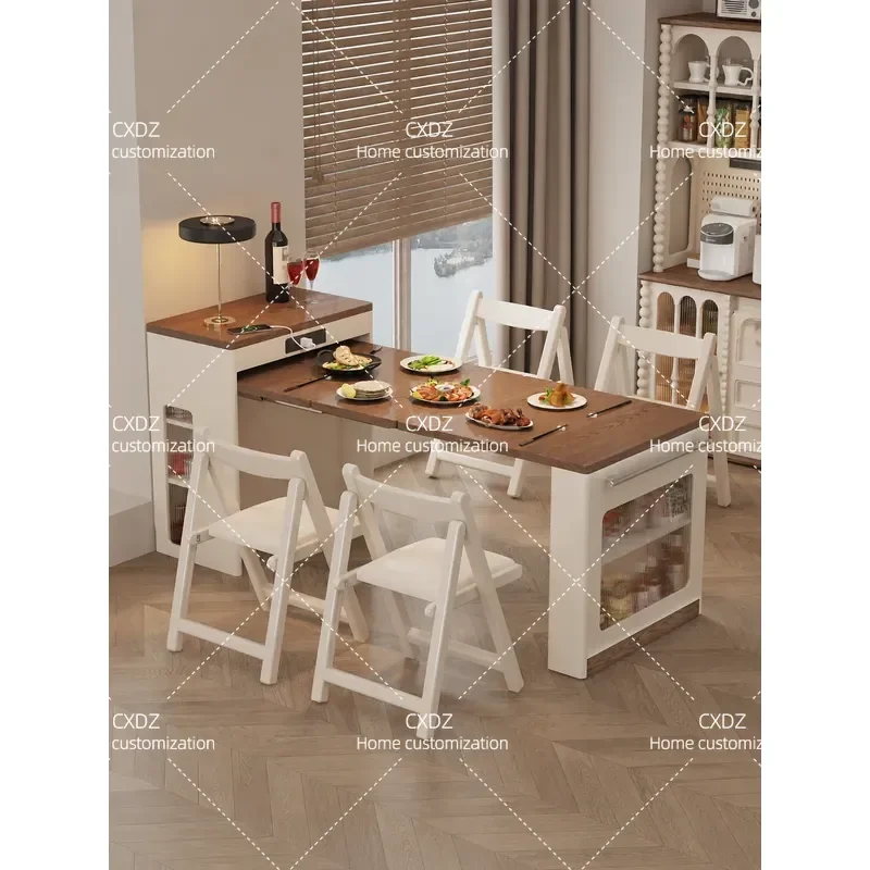Solid Wood Island Dining Table Retractable Folding Kitchen Table Multi Functional Space Saving Furniture for Small Apartment