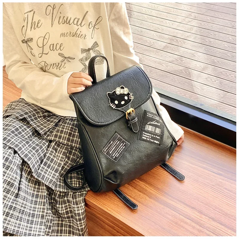 Sanrio Hello Kitty Black PU Pickup Light Mini School Bag Women's Fashion Versatile Small Waterproof Casual Backpack Going Out