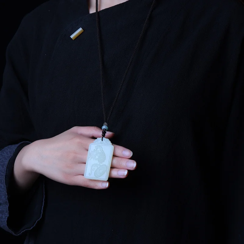 Grain Fengdeng Square Plate Hetian White Jade Pendant