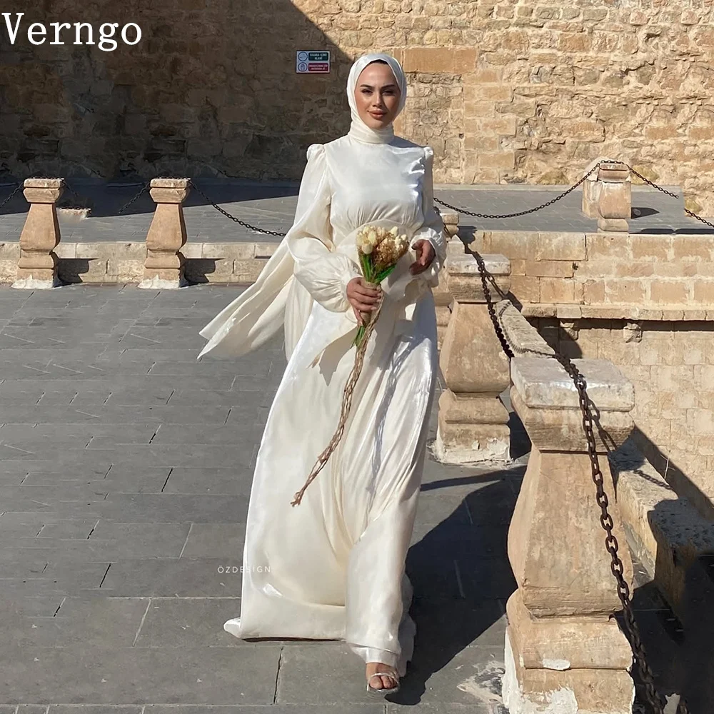 

Verngo lvory Satin Wedding Dress High Neck Full Sleeves A Line Bride Gowns Muslim Formal Modest Bridal Dresses Customized