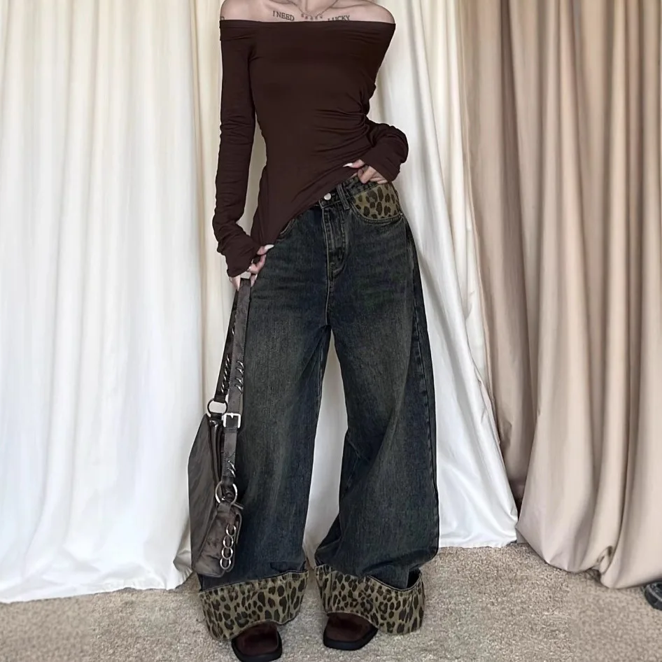 レトロなヒョウ柄 Y2K ジーンズ レディース 原宿風 ワイドレッグパンツ 2025年新作 デニムパンツ カジュアル ストレート ファッションパンツ