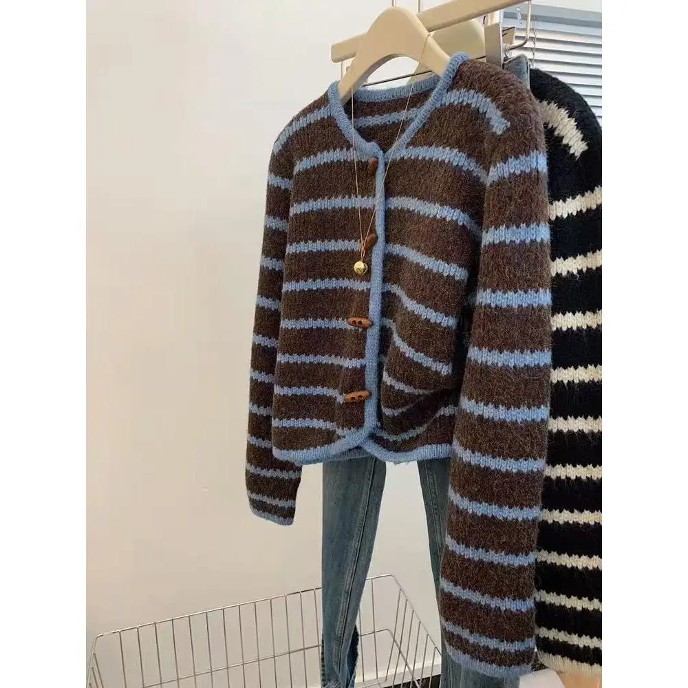 

Retro Striped Loose Knitted Open Cardigan Sweater Women's Small Size Lazy High-End Korean Sle Lamb Velvet Wool Straight Tube