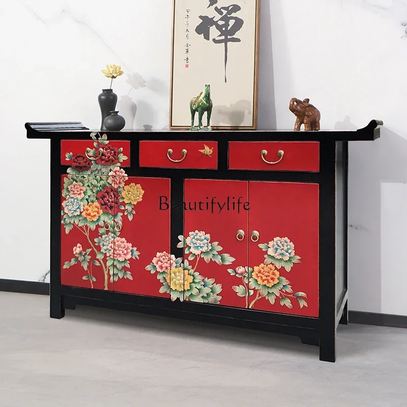 

31New Chinese hand-painted porch cabinet antique solid wood upturned head big red peony classical dining side cabinet pastoral
