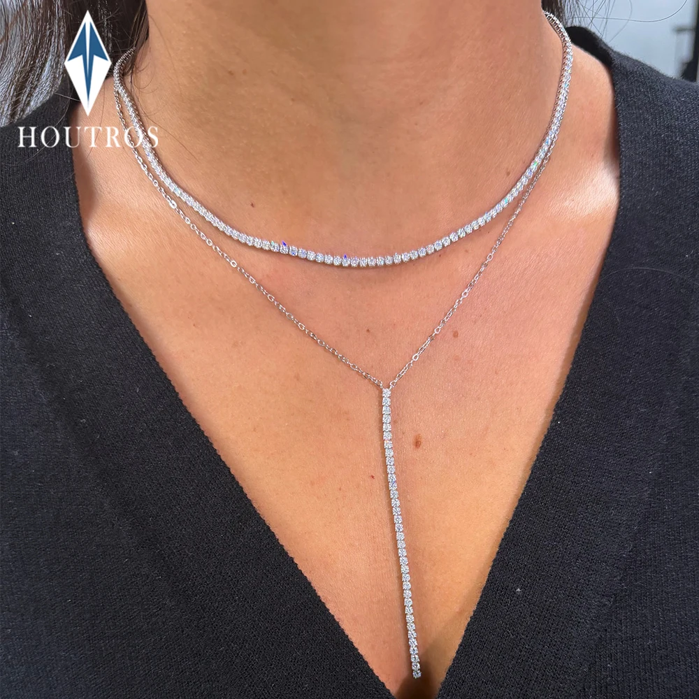 

2mm Round Cut Moissanite Diamond Linear Necklace Y-Type Long Tassel Drop NeckChain for Women 925 Sterling Silver Party Jewelry