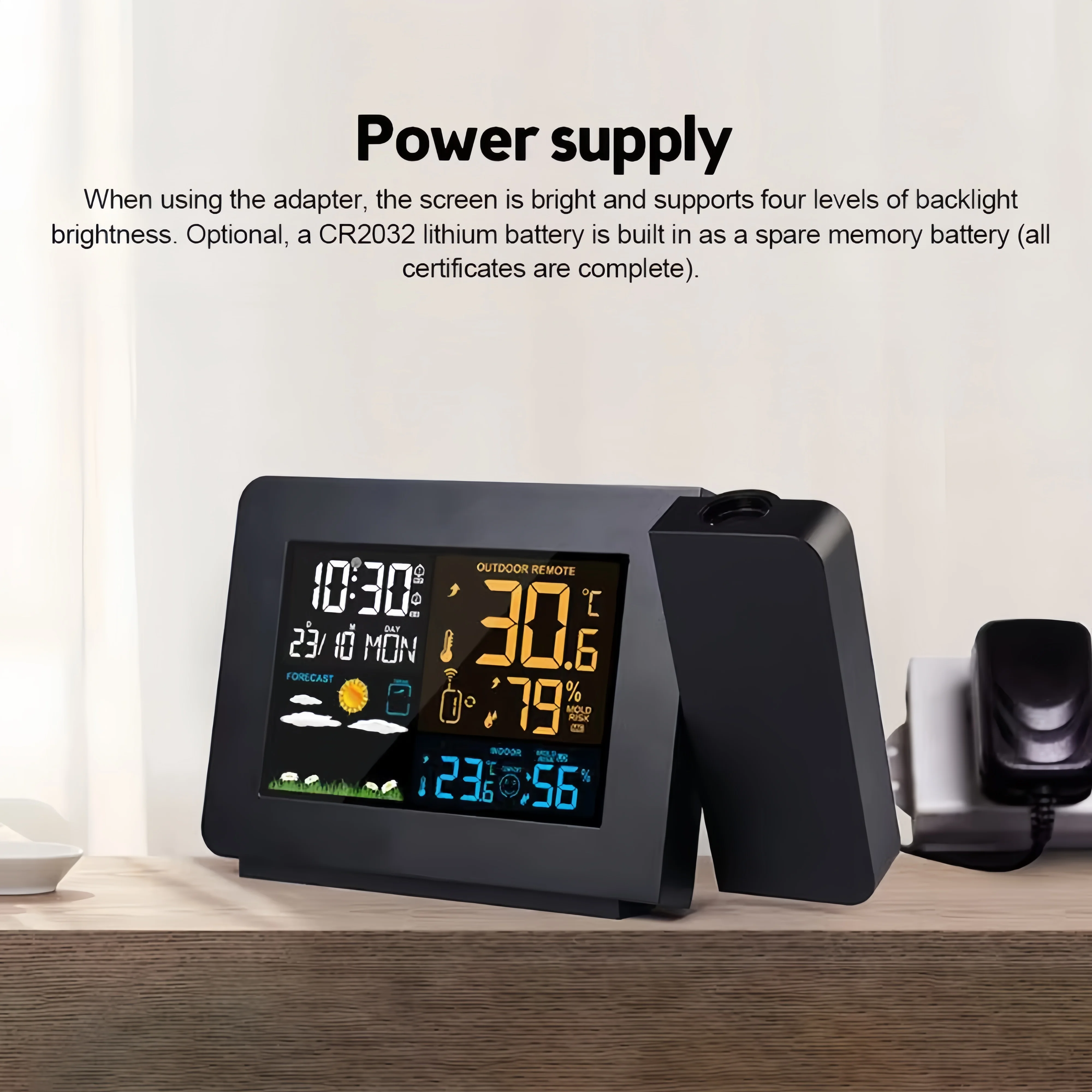LED Indoor Outdoor Temperature Humidity Meter | Multifunction Projection Alarm Clock with Weather Forecast | for Home/Office