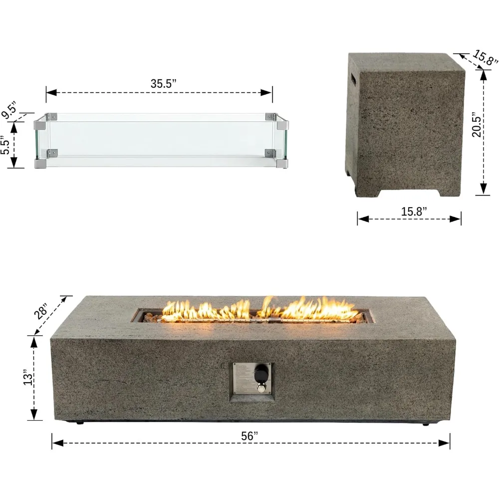 56 Inch Rectangle Propane Fire Pit Table CSA Certified 50000 BTU Outdoor Fireplace Backyard Porch Garden Grey Wind Guard Tank