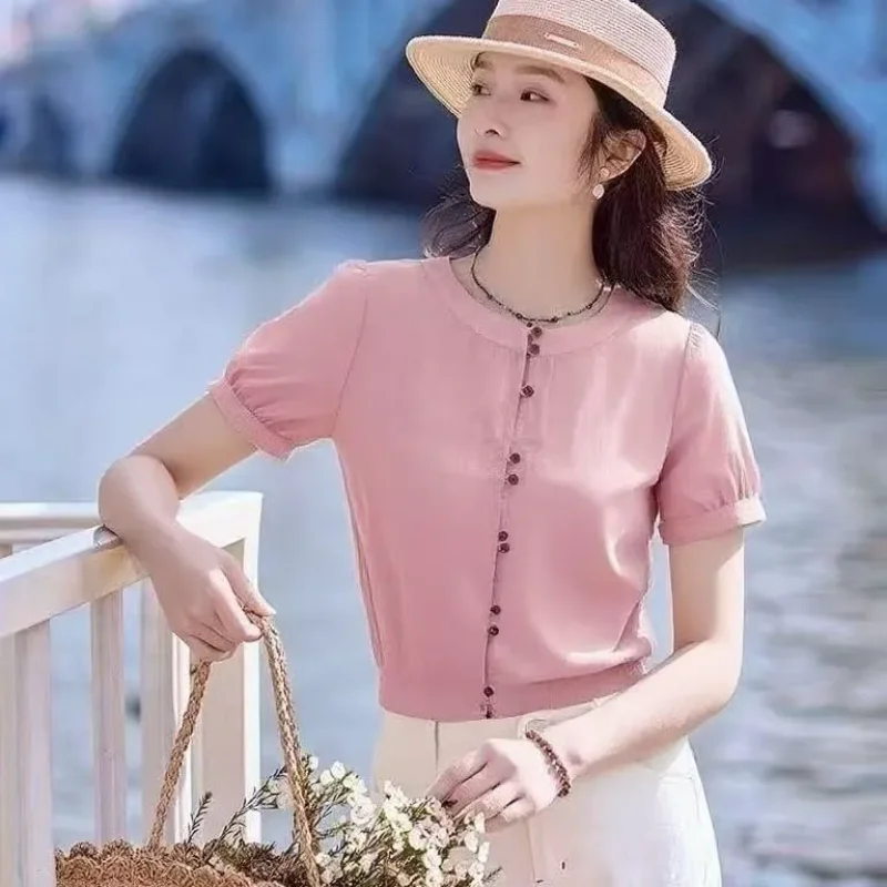

Women's Casual Solid Color Short Sleeve Shirt Elegant Loose Summer Blouse