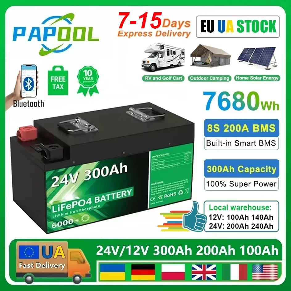 LiFePO4 24V 300Ah 200Ah 12V 100Ah 140Ah 48V Battery Pack 7680Wh Grade A 6000+ Cycles RV Golf Cart Boat Solar Battery EU UA STOCK