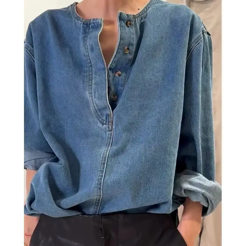 

Spring and Autumn New Temperament Men's Versatile Blue Long Sleeve Denim Shirt Top