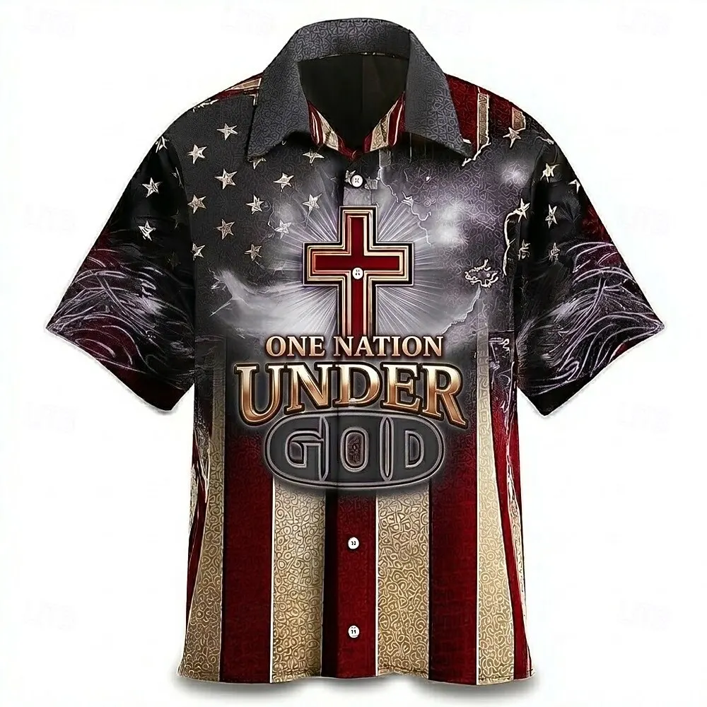 Men's US Flag & Cross Religion 3D Print Short Sleeve Shirt Collar Vintage Streetwear for Vacation Outfit Spring & Summer