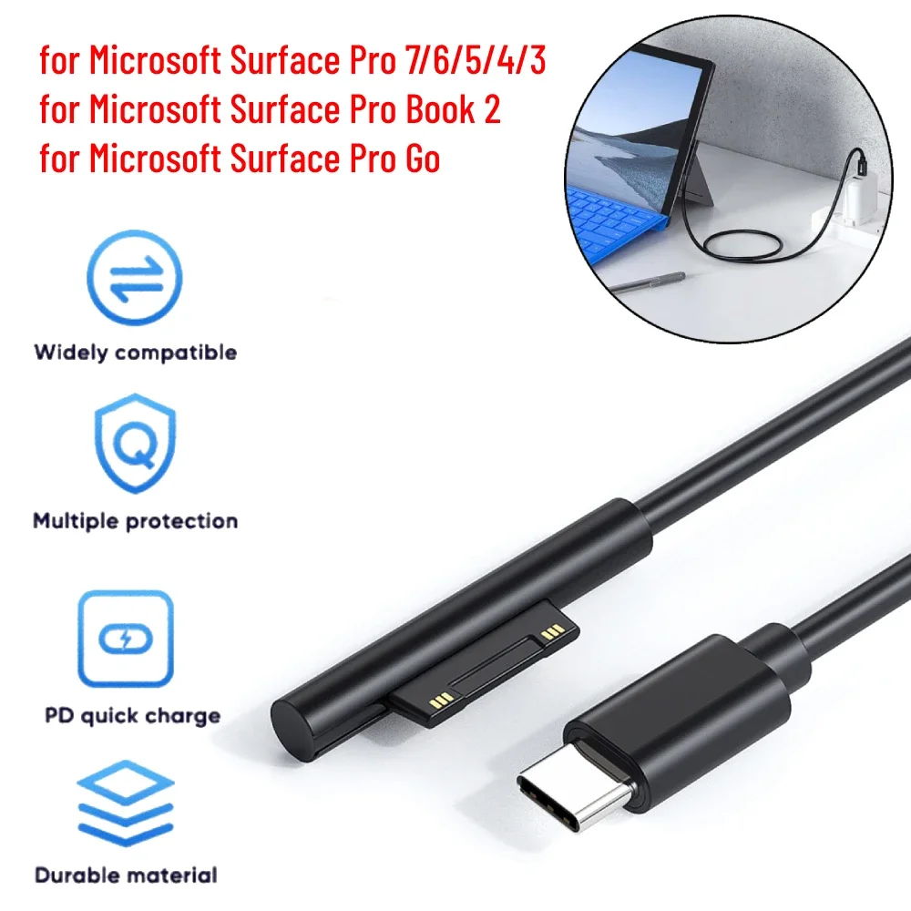 

1.5m USB Type C Power Supply Adapter for Microsoft Surface Pro 7 6 5 4 3/Book 2/Go Tablet 15V 3A PD USB C Fast Charging Cable