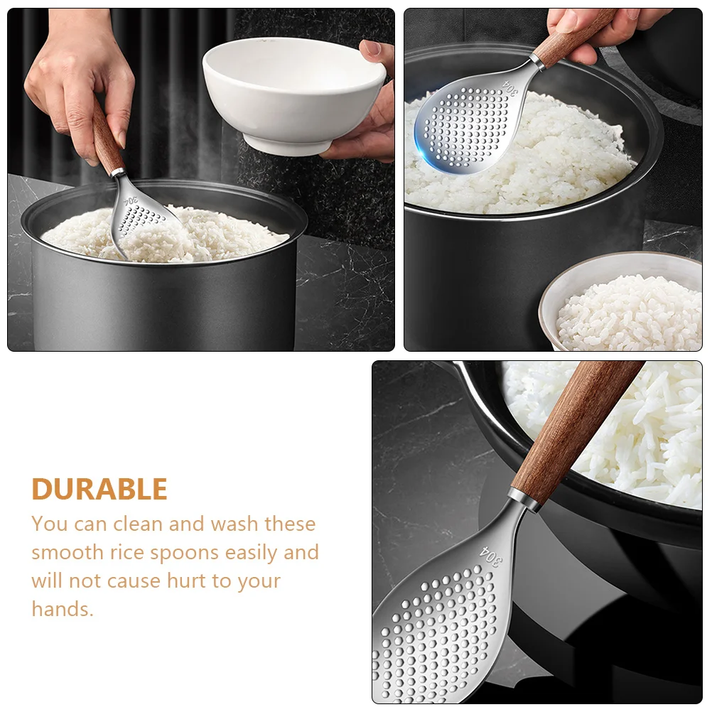 

Stainless Steel Kitchen Gadget Ergonomic Spoon For Rice Soup Porridge Wooden Handle Home Use Creative Spoon Kitchen