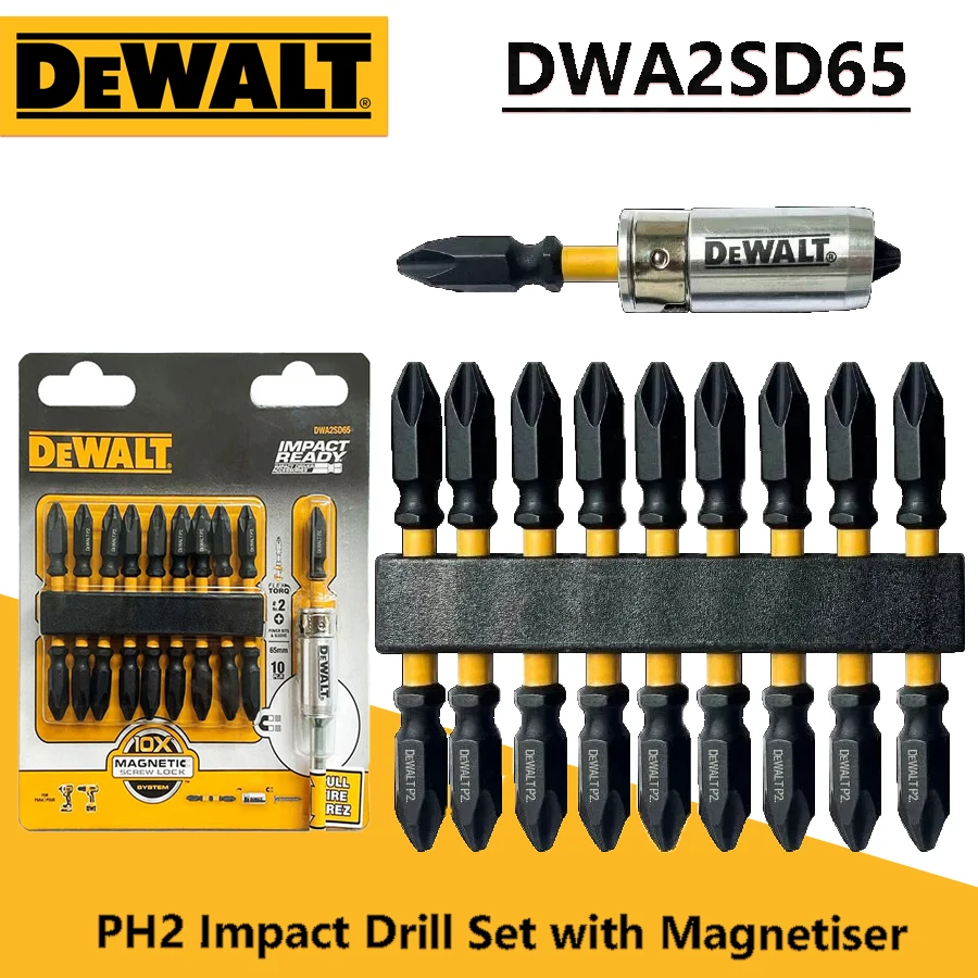 DEWALT DWA2SD65 Impact Drill Set with Magnetiser/Demagnetiser PH2x65mm Screw Bits Dewalt PH2 Drill Set Power Tool Accessories